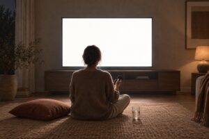 夜の部屋で大きなテレビ画面を見上げている後ろ姿