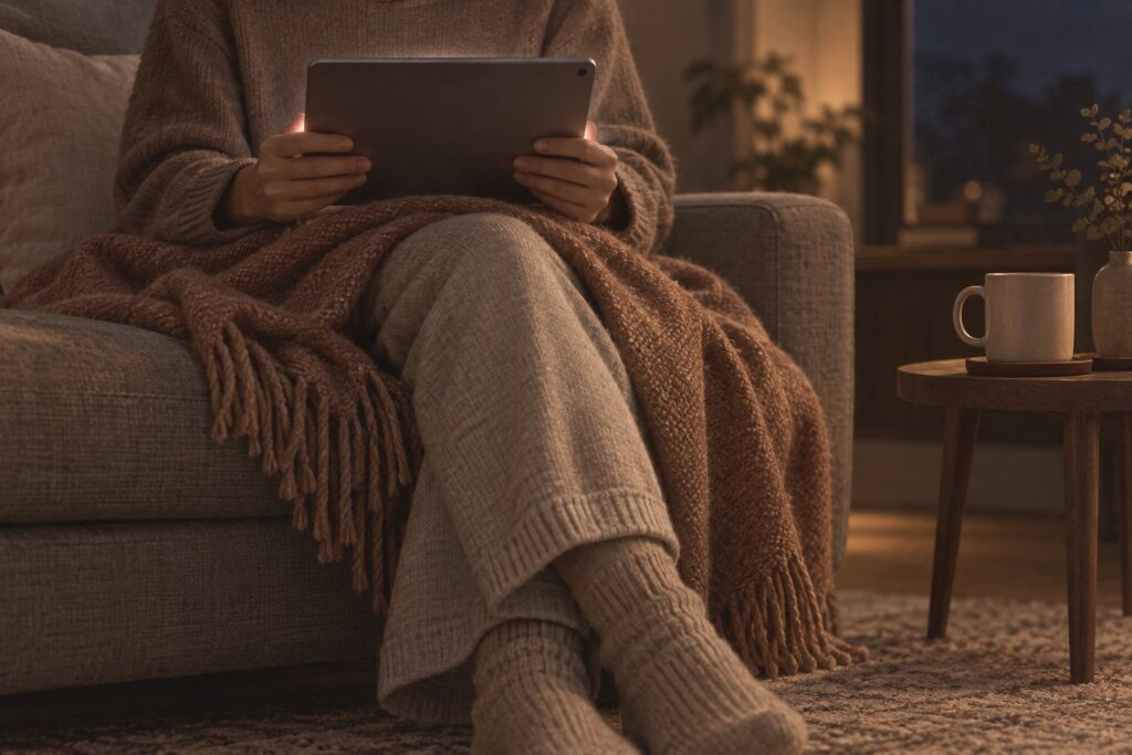 夜のソファでタブレットを手にしている手元