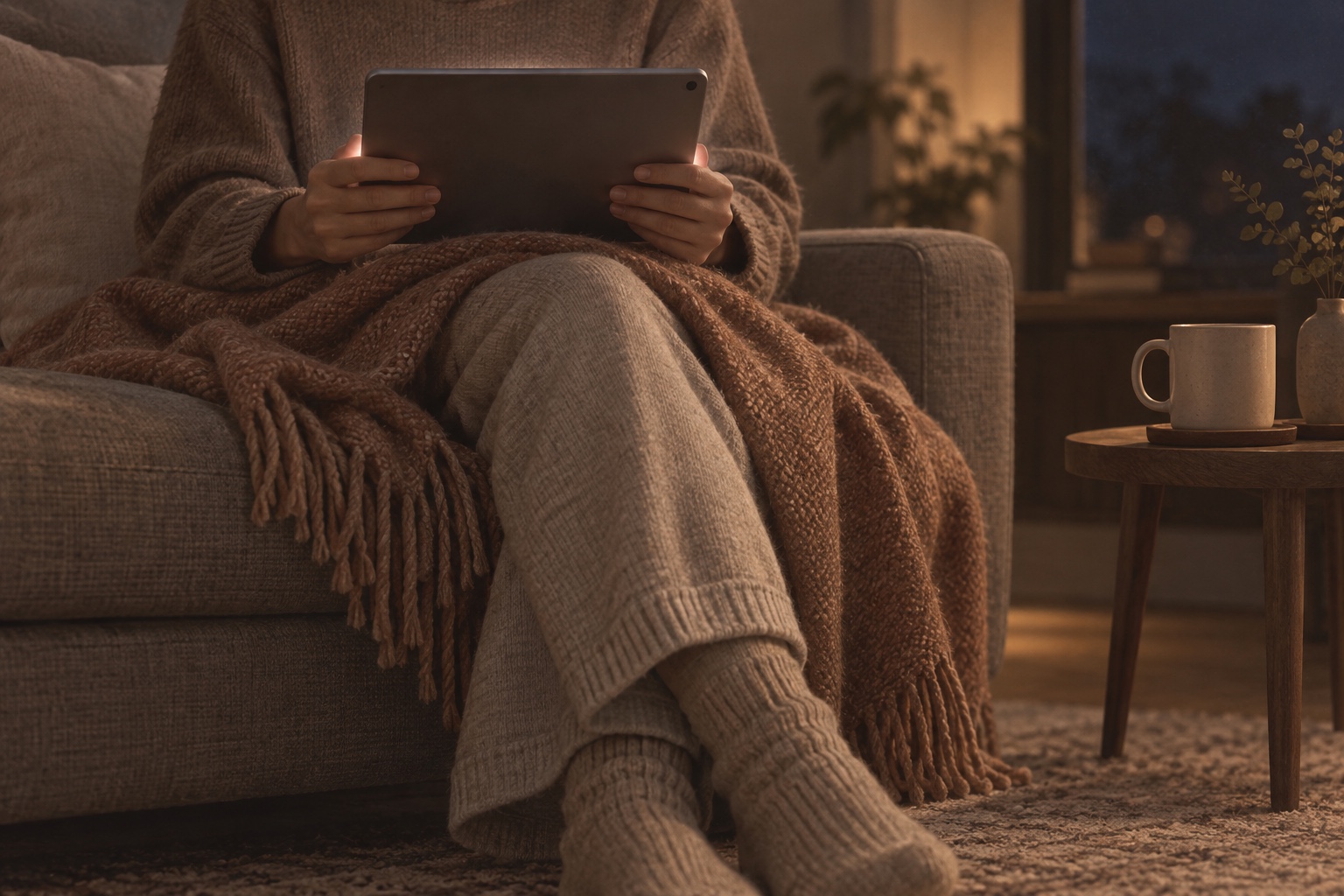 夜のソファでタブレットを手にしている手元