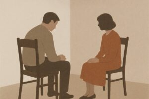 向かい合う二脚の椅子と、礼儀よりわずかに近い距離