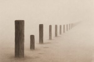 霧の中へ消えていく杭の列と、途中に空いた隙間