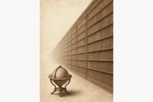 20年ぶんの背表紙が果てまで続く書架のイメージ