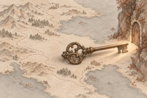 古地図の上に置かれた鍵。異世界への入口を表した静物