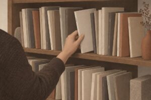 棚から冊子を一冊引き出す手のイラスト