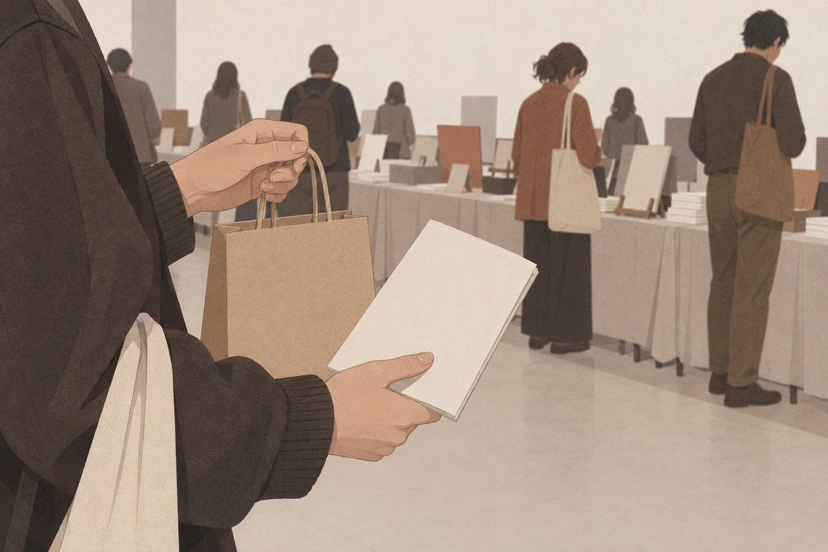 会場の机の前で冊子と手提げ袋を持つ手のイラスト