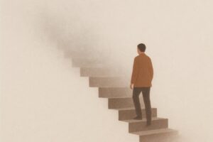上の段が霧に溶けて見えなくなる階段