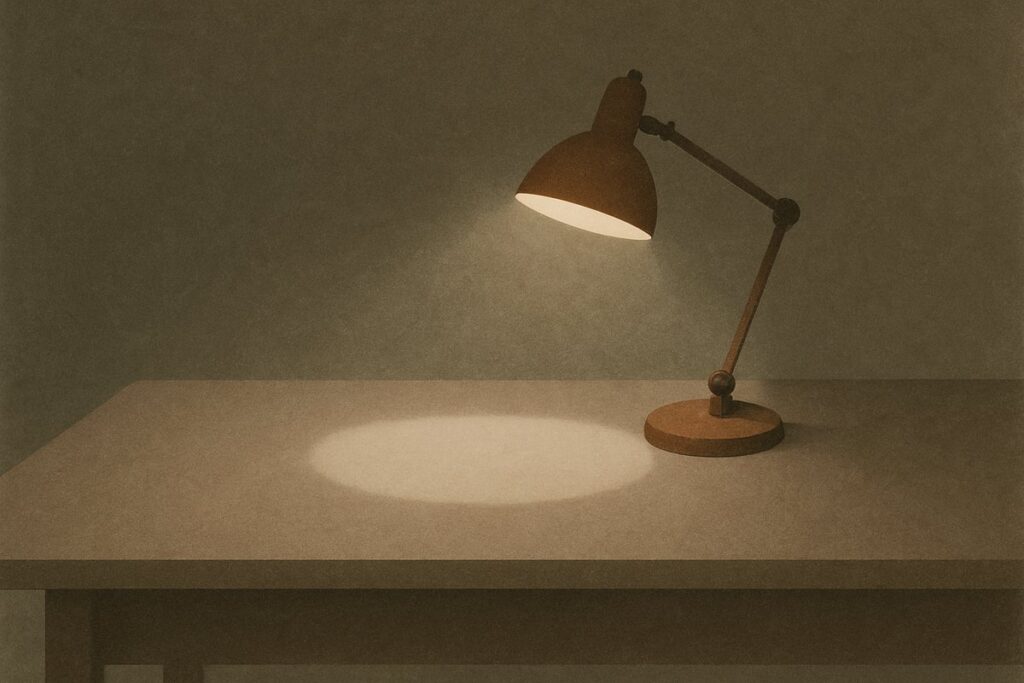 暗い部屋で、広い机のごく一部だけを照らすランプ