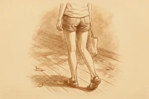 夏の後ろ姿でショートパンツから伸びる生足——生足・太ももの素肌の健康的な官能のイメージ