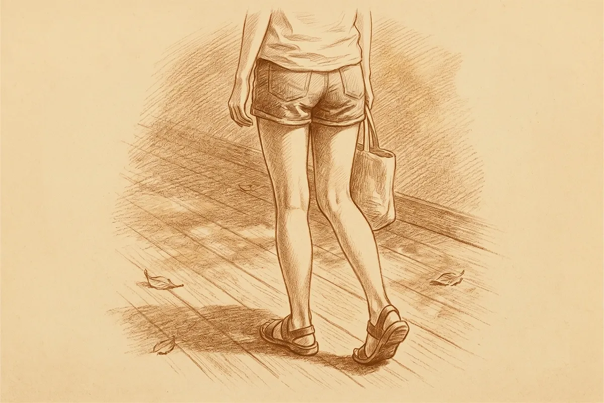 夏の後ろ姿でショートパンツから伸びる生足——生足・太ももの素肌の健康的な官能のイメージ