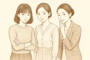 「見られ羞恥」——こちらを見る複数の女性のセピア線画