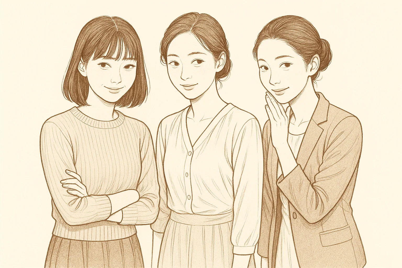「見られ羞恥」——こちらを見る複数の女性のセピア線画