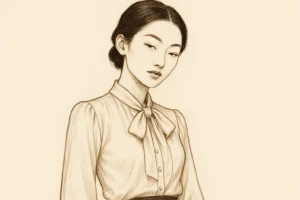 「射精管理・寸止め」——冷静で知的な女性のセピア線画