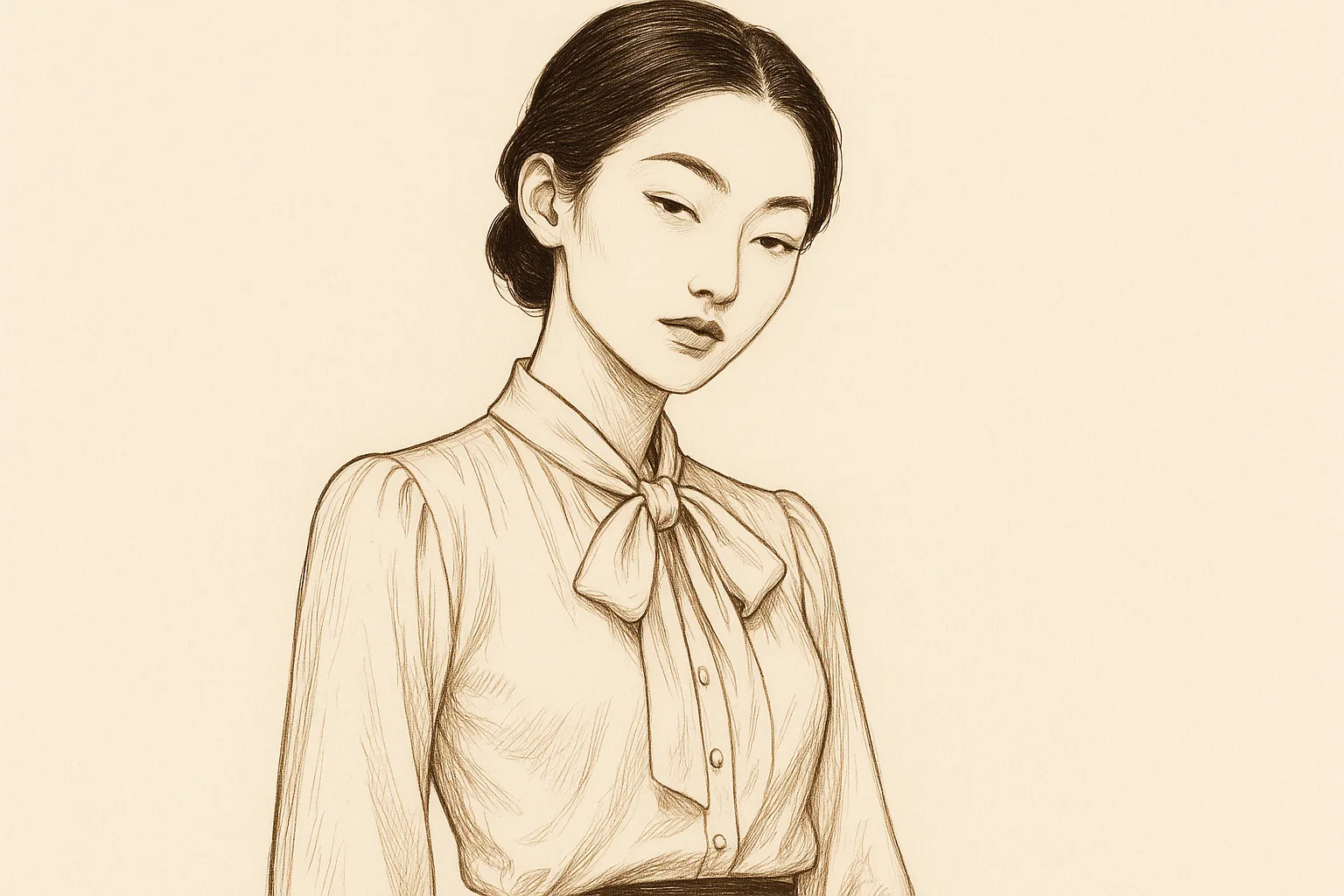 「射精管理・寸止め」——冷静で知的な女性のセピア線画
