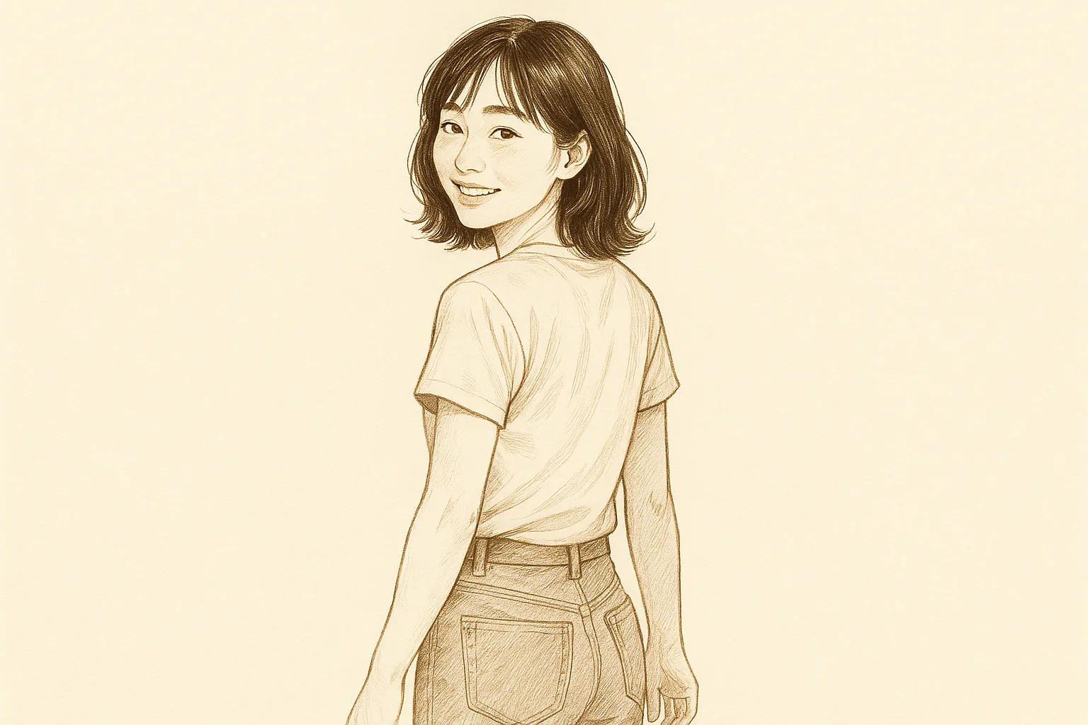 「幼なじみ」ジャンル図鑑のアイキャッチ（セピア線画）