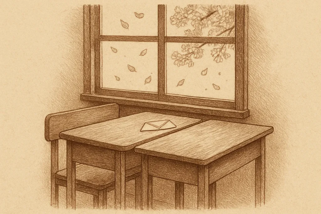窓辺に並ぶ二つの古い机と桜、開かれない折り畳んだ手紙——学生時代の両片想いの比喩