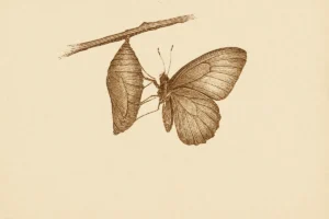 空の蛹に留まり羽を広げる蝶——未知の果て方への変化の比喩