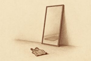 壁に立てかけた大きな鏡に映るマットと脱ぎ捨てられた一枚——鏡越しの背徳