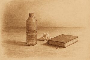 事後の床、飲みかけの水と丸めたティッシュ、傍らのしおりの文庫——罪悪感の比喩