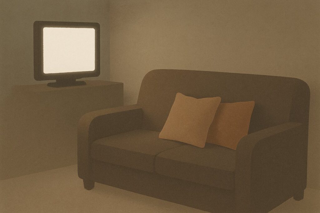 暗い部屋で光るテレビと、寄り添って置かれた二つのクッション