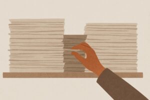 積まれた紙の、上ではなく中ほどへ伸ばされた手