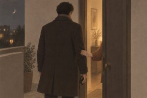 夜の玄関先で立ち止まる男性の後ろ姿と、その袖をそっとつかむ手のイラスト